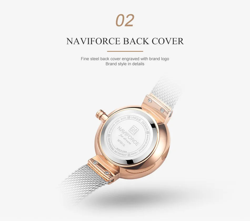 Reloj para mujer NAVIFORCE, marca de lujo superior, malla de acero, resistente al agua, relojes para mujer, reloj de pulsera femenino de cuarzo con flores, reloj encantador para chica.