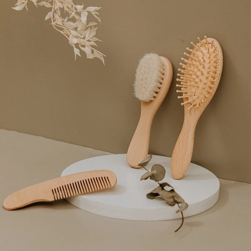 Newborn Baby Natural Wooden Boys Girls Soft Wool Hair Brush Head Comb Infant Head Massager Portable Bath Brush Comb For Kids