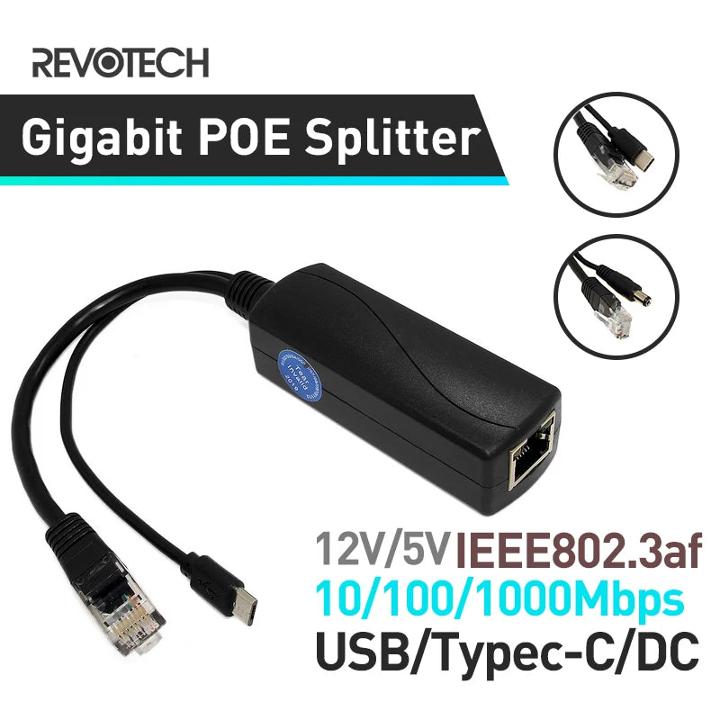 Revotech Gigabit PoE Splitter Micro USB/Type-C/DC IEEE 802.3af 10/100/1000Mbps Power over Ethernet for IP Camera / Raspberry PI
