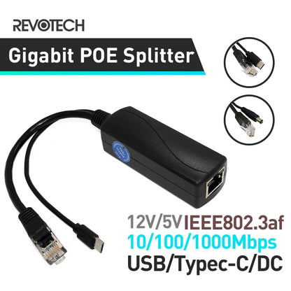 Revotech Gigabit PoE Splitter Micro USB/Type-C/DC IEEE 802.3af 10/100/1000Mbps Power over Ethernet for IP Camera / Raspberry PI