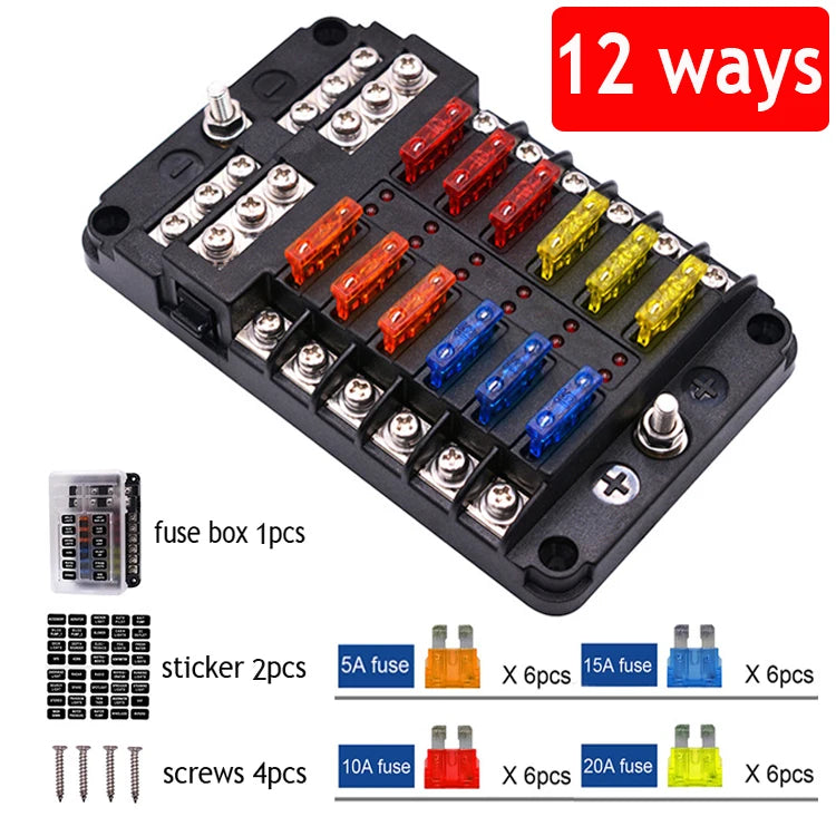 Portafusibles de 12 vías con bloque de portafusibles de cuchilla e indicador de advertencia para coche, barco, caja de fusibles de cuchilla de 12 V y 24 V