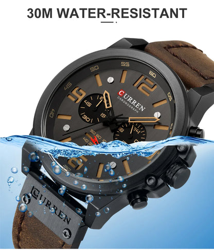 CURREN Mens Watches Top Luxury Brand Waterproof Sport Wrist Watch Chronograph Quartz Military Genuine Leather Relogio Masculino