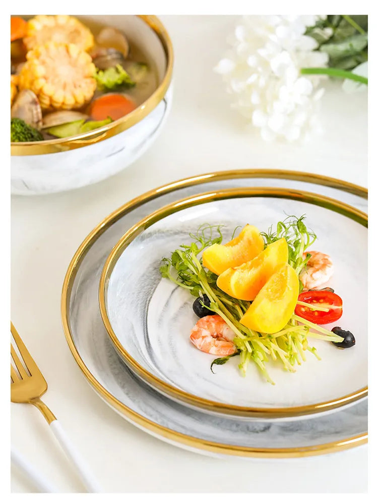 New Double-sided Gilt Rim Gray Marble Pattern Gilt Rim Porcelain Dinner Plate Set  Salad Noodles Bowl Ceramic Tableware