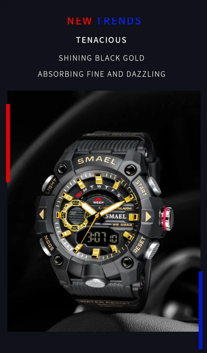 SMAEL Fashion Sport Watches Men Shock Resistant 50M Waterproof Wristwatch LED Alarm Stopwatch Clock Military 8040 Men Watch