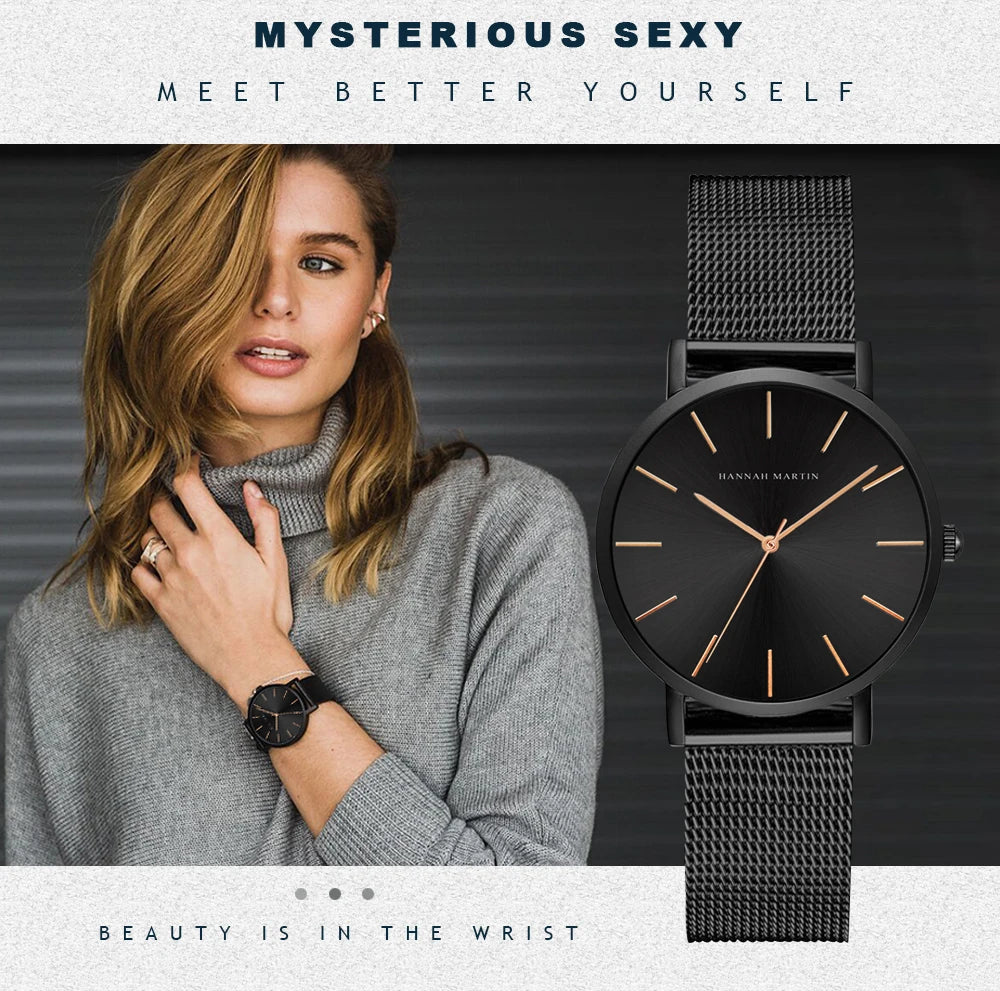HANNAH MARTIN Women Watch Nordic Minimalist Japan Quartz Movement 3Bar Waterproof Women 36mm Full Rose Gold Dropshipping Watches