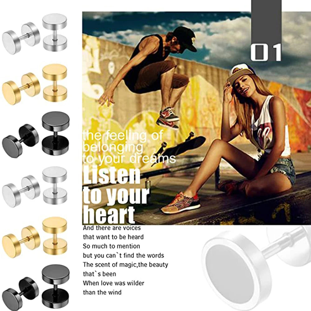 2 pendientes góticos estilo punk de acero inoxidable con forma de mancuerna para hombre y mujer, estilo hip hop, rock, hipoalergénicos. 