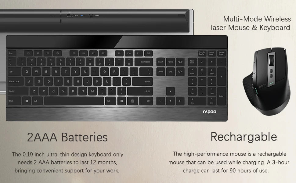Rapoo 9900M Multi-Mode Bluetooth Wireless Keyboard and Mouse Combo Connect Up to 4 Devices Ultra-Slim Keyboard and Laser Mouse