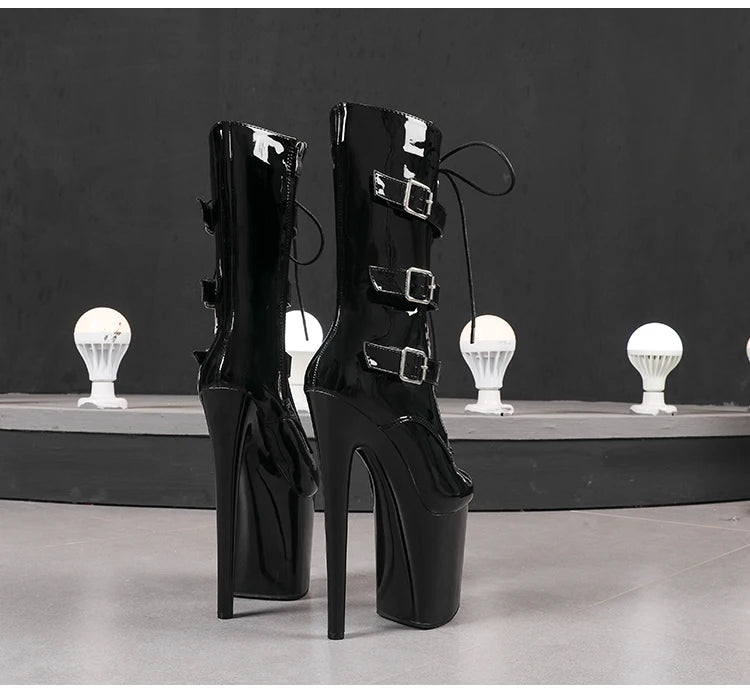 Nightclub Platform Women's Shoes 8 Inch Pole Dancing Pumps 20CM Thin High Heels Mid Tube Boots Design Buckle Sexy Stripper Show