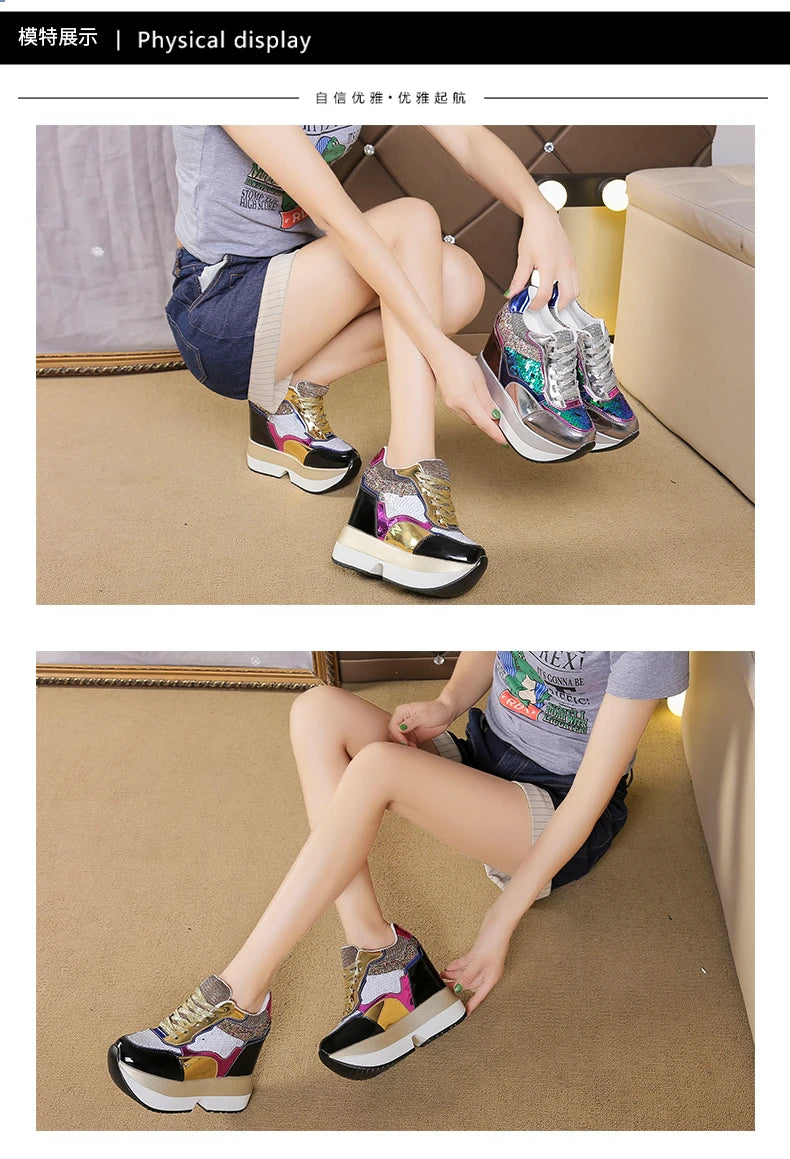 Fashion White Sneakers Women's High Platform Casual Shoes Height Increasing Leather Shoes 10 CM Thick Sole Trainers Tennis Sports