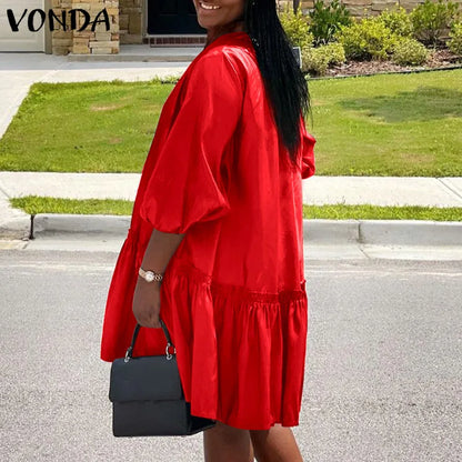 Plus Size 5XL VONDA 2024 Summer Dress Bohemian Women Short Lantern Sleeve Satin Mini Vestido V Neck Solid Elegant Party Sundress