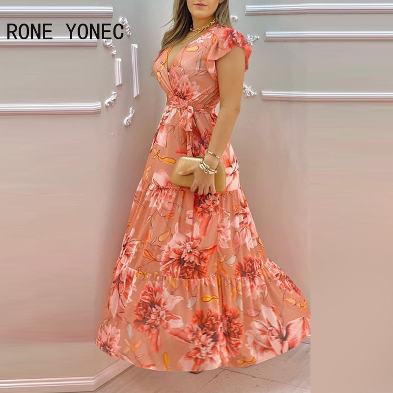Women V-Neck Ruffles Sleeve Floral Print Chiffon Dress Maxi Dress Vacation Dress 2021