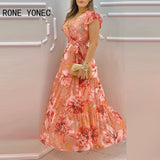 Women V-Neck Ruffles Sleeve Floral Print Chiffon Dress Maxi Dress Vacation Dress 2021