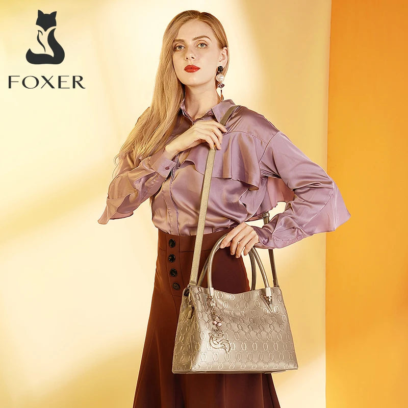 FOXER Brand Women Cowhide Women's Shoulder Bag Female Split Leather Handbag Fashion Lady Tote Large Capacity Top Handle Bag