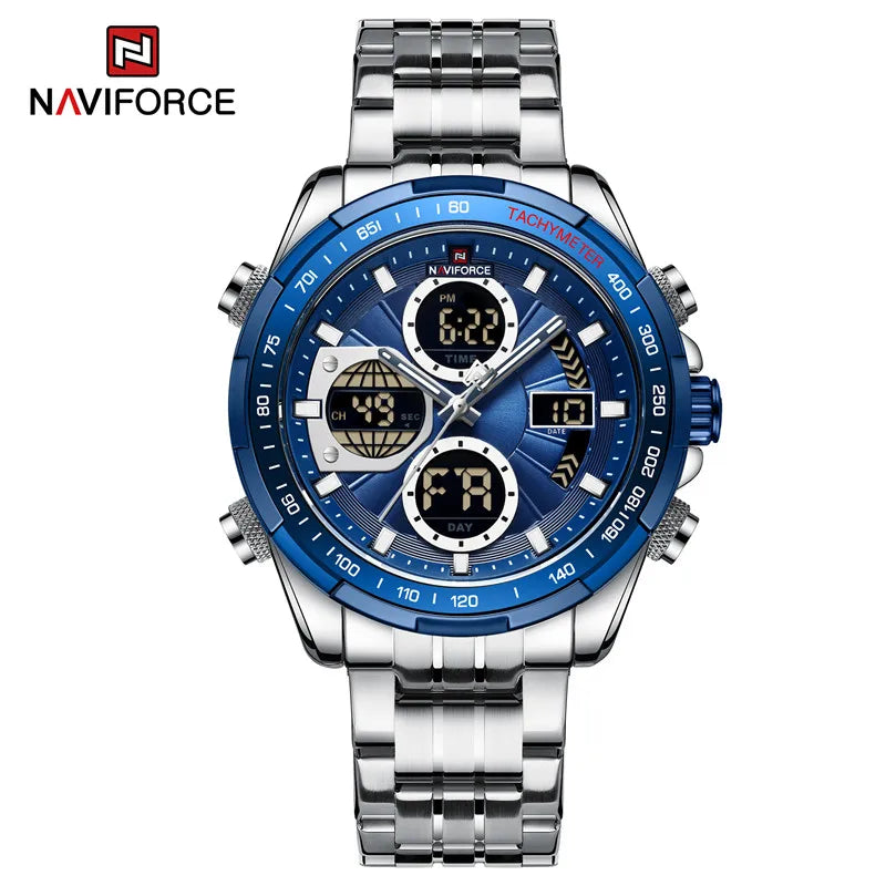 NAVIFORCE Top Brand Luxury Classic Men Watch Quartz Digital Male Clock Military Sport Silver Stainless Steel Man Wristwatch 9197