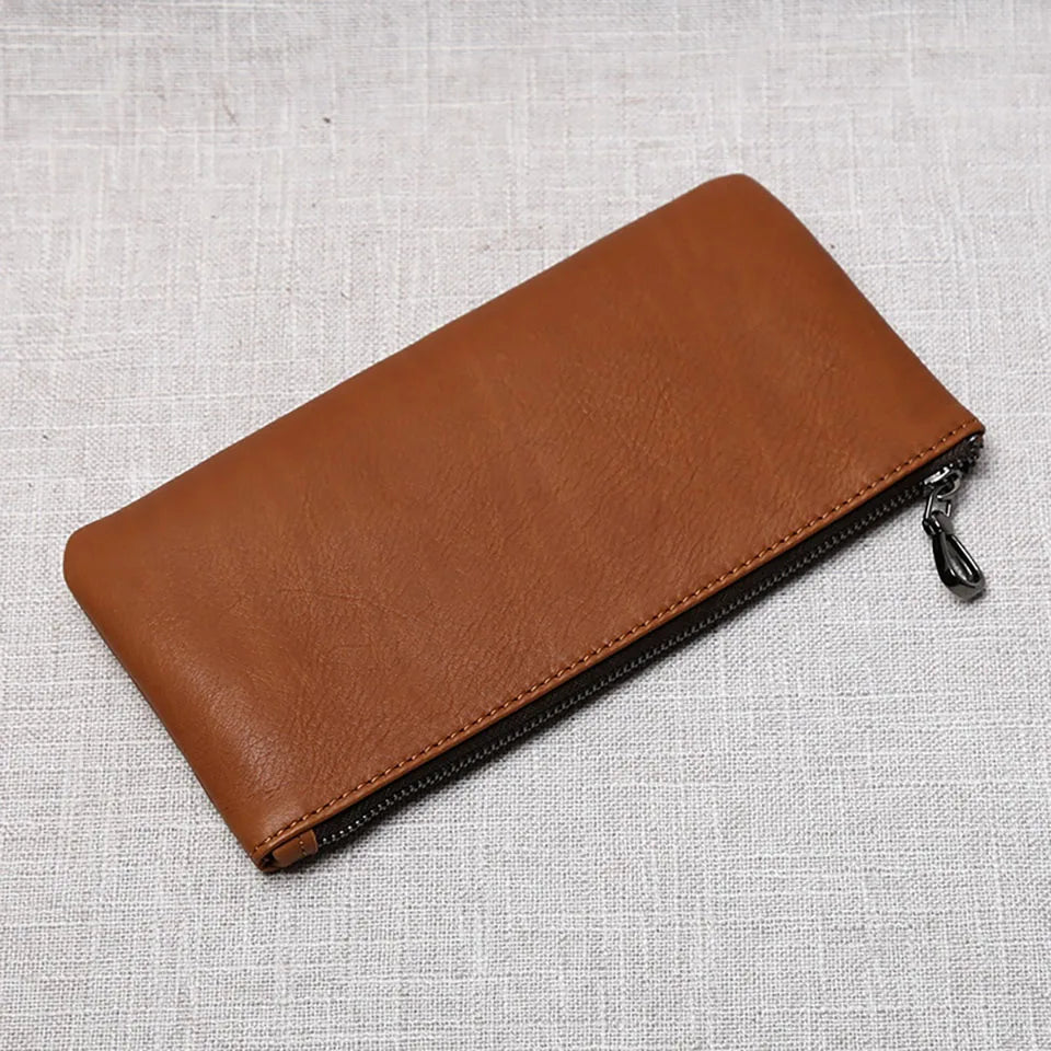 ZRCX Men's Genuine Leather Long Zipper Wallet First Layer Cowhide Youth Ultra-Thin Handbag Wallet Trendy Brand Simple Wallet