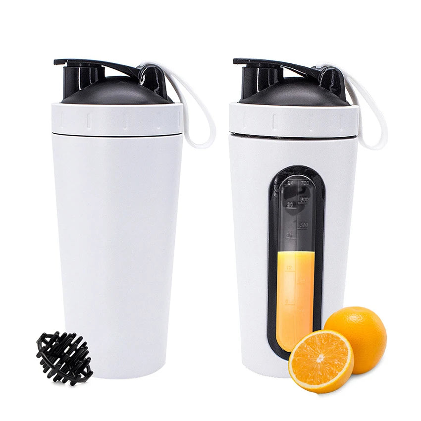 1Pc 700ML Stainless Steel Sports Water Mugs Shaker Bottles With Scale, Outdoor Gym Fitness Shake Cup Protein Powder Mixer Bottle