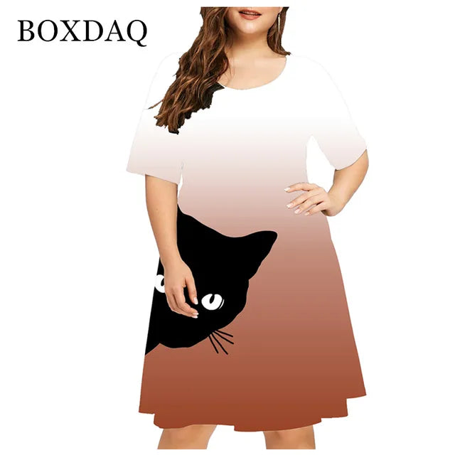 2021 Summer New Cute Cat Print Dress Women Short Sleeve Casual Mini Dress Ladies Streetwear Fashion Female Clothing Plus Size 4XL 