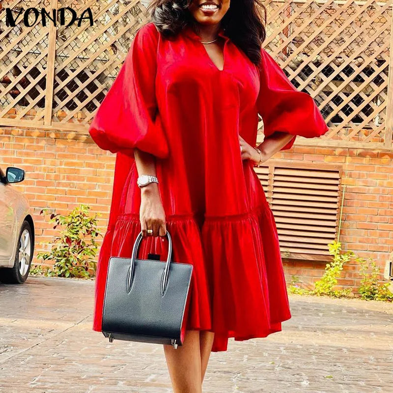 Plus Size 5XL VONDA 2024 Summer Dress Bohemian Women Short Lantern Sleeve Satin Mini Vestido V Neck Solid Elegant Party Sundress