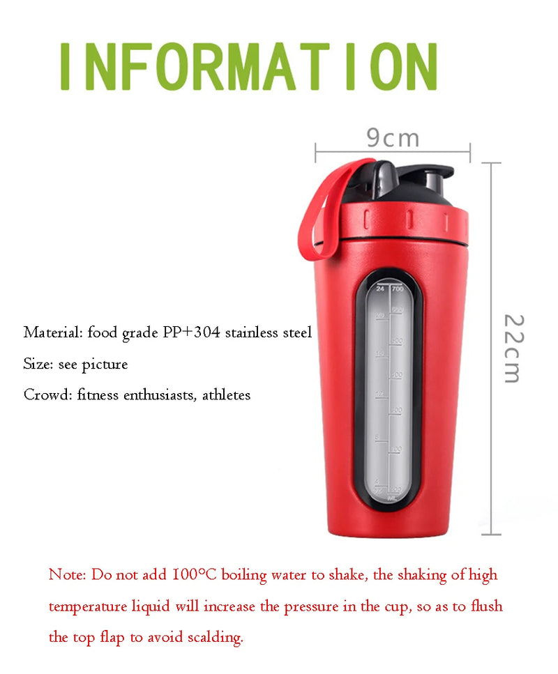 1Pc 700ML Stainless Steel Sports Water Mugs Shaker Bottles With Scale, Outdoor Gym Fitness Shake Cup Protein Powder Mixer Bottle