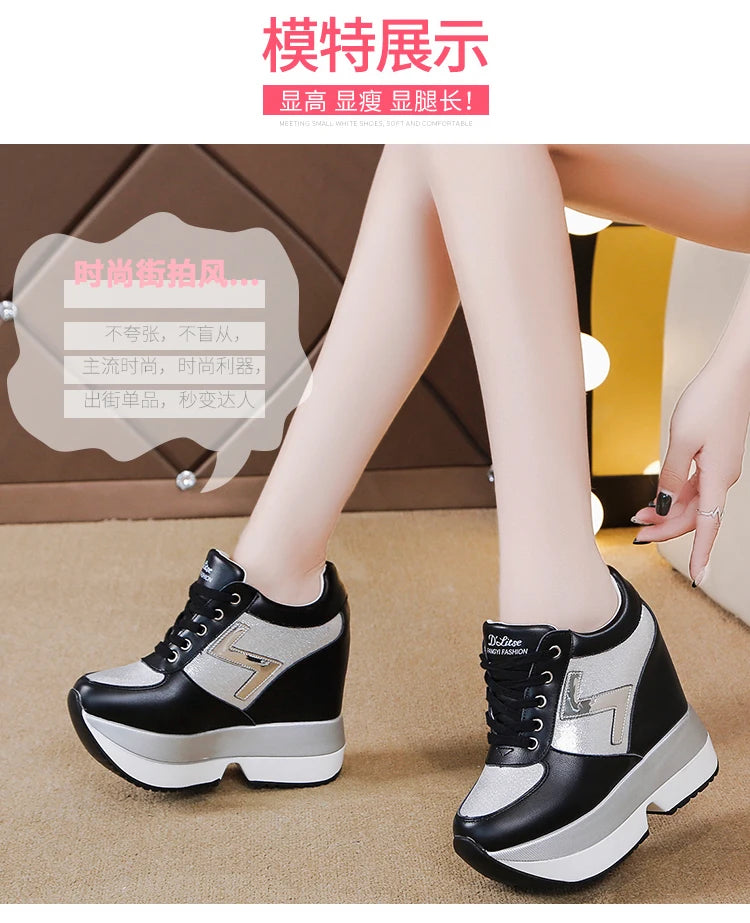 Fashion White Sneakers Women's High Platform Casual Shoes Height Increasing Leather Shoes 10 CM Thick Sole Trainers Tennis Sports