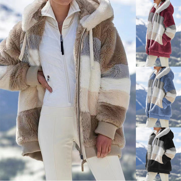 Women Fall Winter Warm Plush Hooded Coat Contrast Color Long Sleeve Zip Up Thick Cardigan Jacket 2021 E-Girls Streetwear Outwear