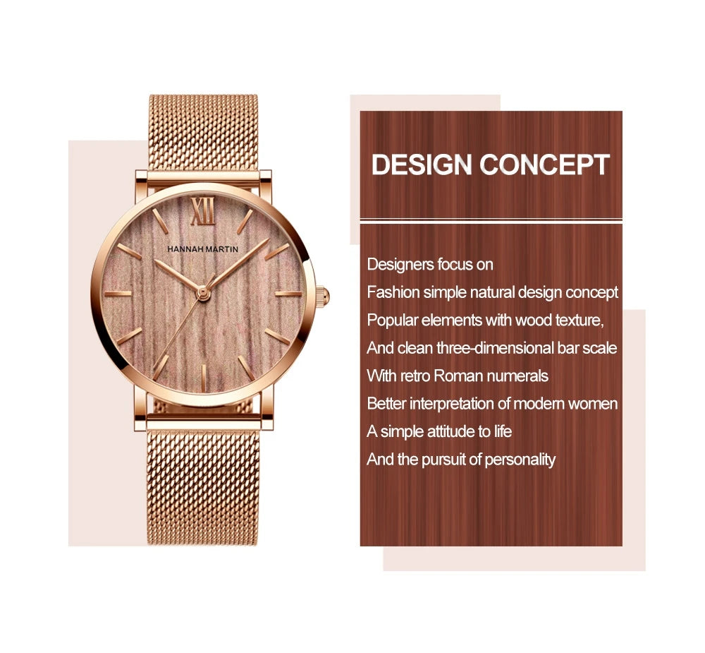 HANNAH MARTIN Women Watch Nordic Minimalist Japan Quartz Movement 3Bar Waterproof Women 36mm Full Rose Gold Dropshipping Watches