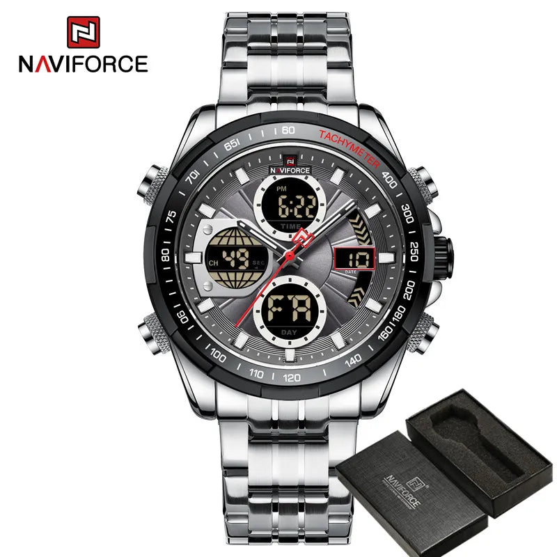 NAVIFORCE Top Brand Luxury Classic Men Watch Quartz Digital Male Clock Military Sport Silver Stainless Steel Man Wristwatch 9197