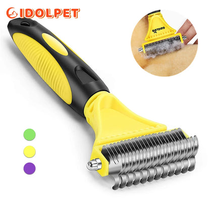 Cepillo de aseo de acero inoxidable para mascotas, de dos caras, para quitar el pelo suelto y desenredar la capa interna, peine rastrillo para perros y gatos, elimina nudos y enredos fácilmente.