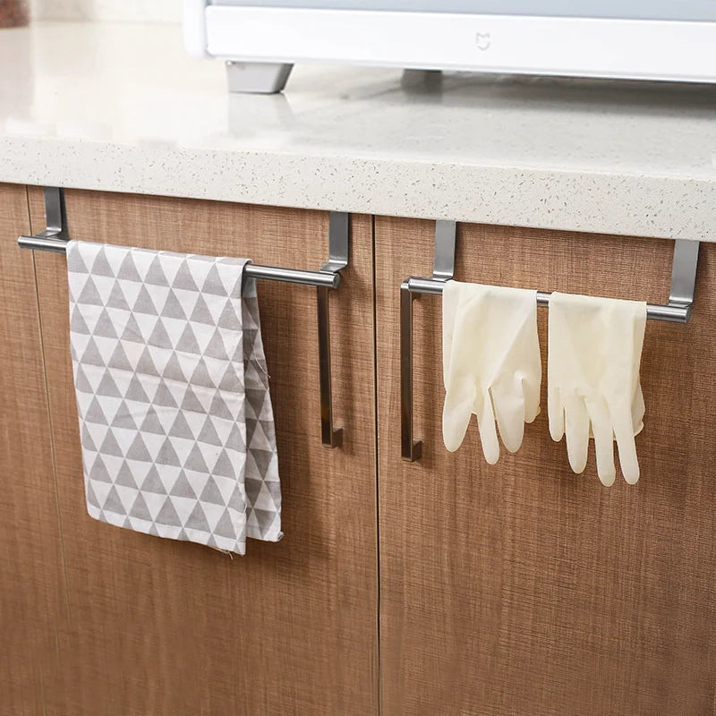 Toalleros de 2 tamaños sobre la puerta del armario de cocina, toallero, soporte colgante para barra, estante de baño, organizador para el hogar, gancho de pared largo