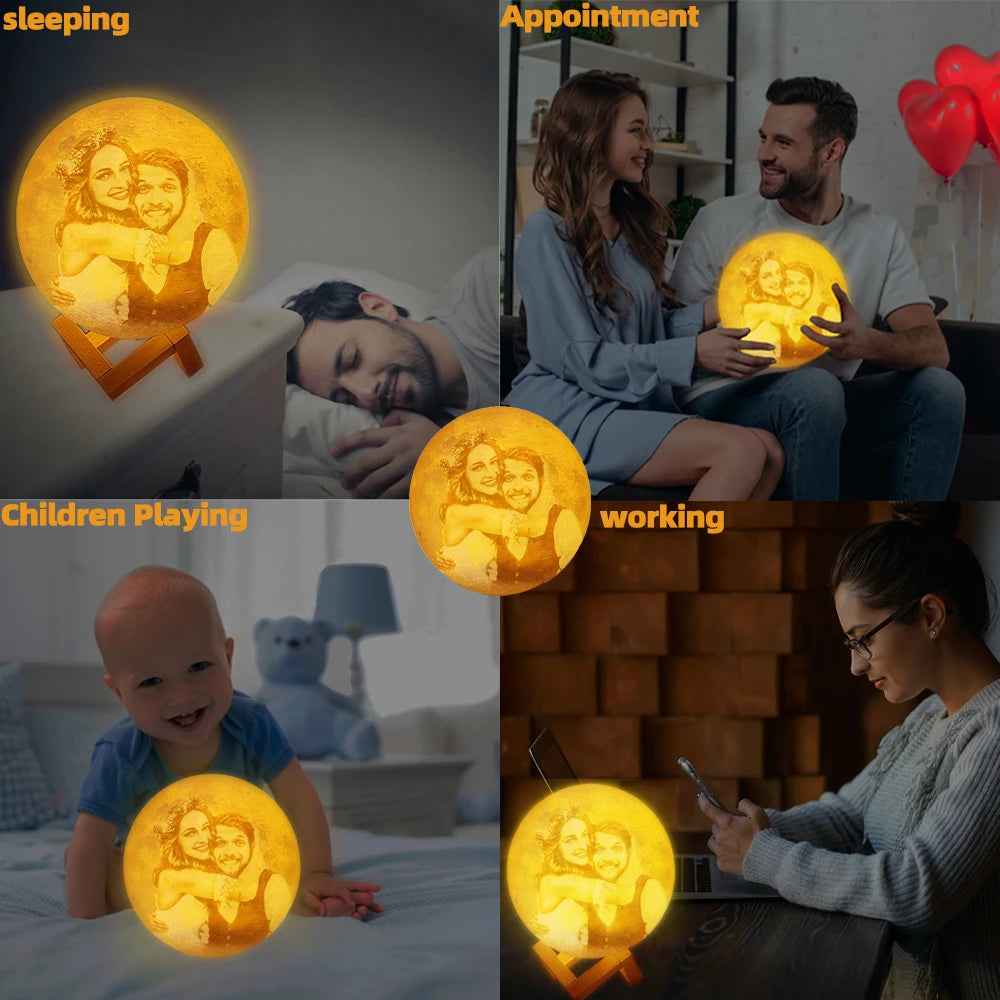 Personalized 3D Printing Moon Lamp Customized Photo Text Night Light USB Rechargeable Birthday Mother Day Lunar Anniversary Gift