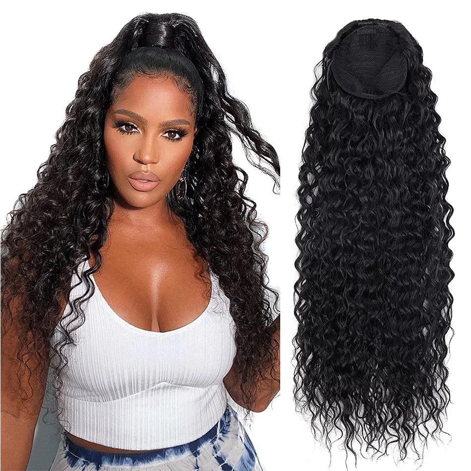 Extensões de rabo de cavalo cacheado longo 80cm aplique sintético com cordão e clip water wave