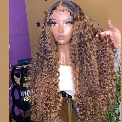 30 34 Inch Highlight Ombre Lace Front Wig Curly Human Hair Wigs Honey Blonde Colored HD Deep Wave Frontal Wigs For Black Women