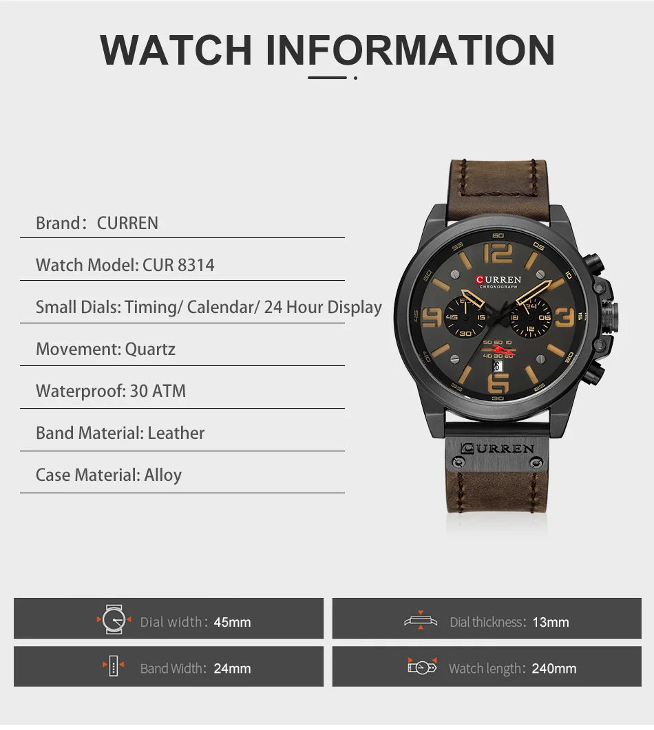 CURREN Mens Watches Top Luxury Brand Waterproof Sport Wrist Watch Chronograph Quartz Military Genuine Leather Relogio Masculino