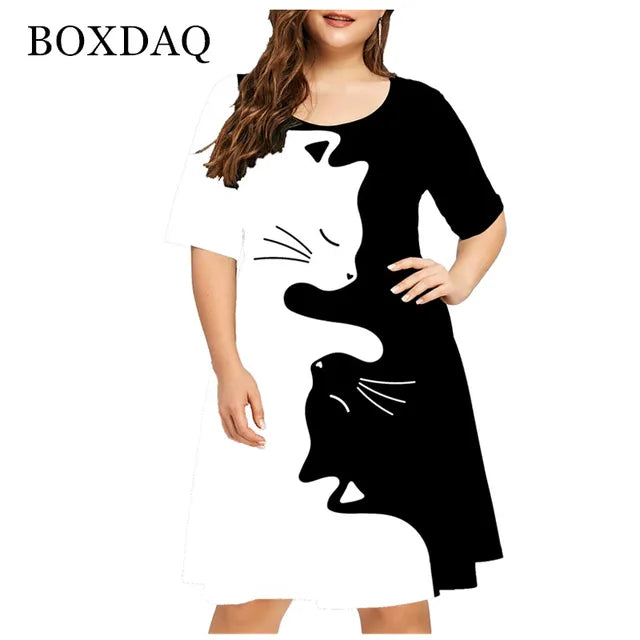 2021 Summer New Cute Cat Print Dress Women Short Sleeve Casual Mini Dress Ladies Streetwear Fashion Female Clothing Plus Size 4XL 