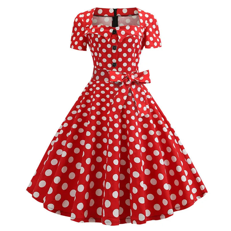 Women Square Collar Elegant Vintage Summer Dress Short Sleeve Midi Dress Robe Femme Casual Office Party Dress