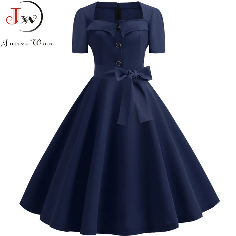 Women Square Collar Elegant Vintage Summer Dress Short Sleeve Midi Dress Robe Femme Casual Office Party Dress