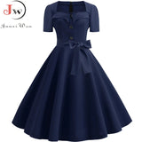 Women Square Collar Elegant Vintage Summer Dress Short Sleeve Midi Dress Robe Femme Casual Office Party Dress