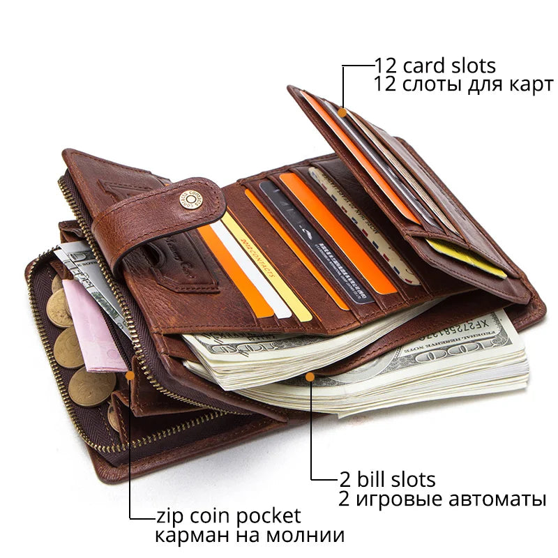 ONTACT'S Genuine Leather Short Wallets for Men RFID Vintage Coin Purse Card Holder Male Money Clip Women‘s Wallet Bag HandbagC