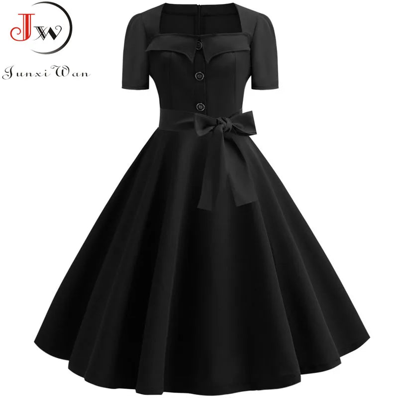 Women Square Collar Elegant Vintage Summer Dress Short Sleeve Midi Dress Robe Femme Casual Office Party Dress