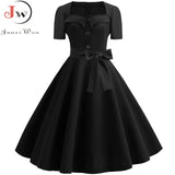 Women Square Collar Elegant Vintage Summer Dress Short Sleeve Midi Dress Robe Femme Casual Office Party Dress