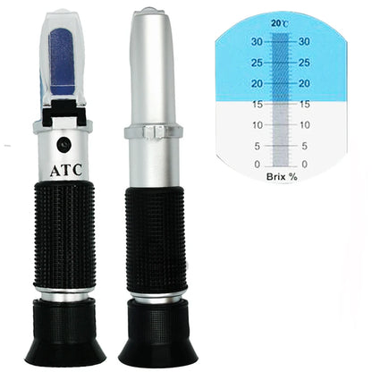 Brix Refractometer Hand held Sugar Level Test Meter Food Fruit Beverages Brix Content Homebrew Tool with ATC/Brix Range 0~32%