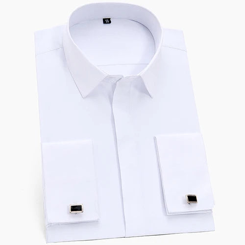 Camisa de vestir clásica para hombre, color liso, con puños franceses, cierre frontal, estilo formal, de negocios, corte estándar, manga larga, para oficina y trabajo, color blanco