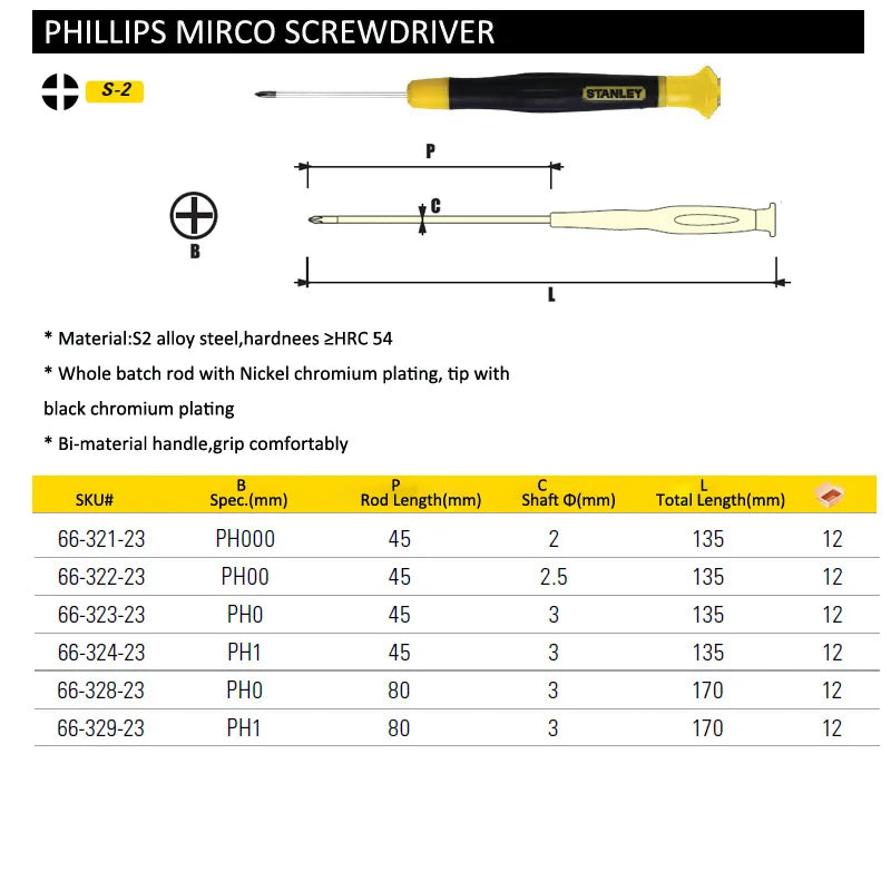 Stanley-micro chave de fenda phllábios ph000, 1 peça, ph0, ph1, para relógio eletrônico, ferramentas de manutenção de telefones, aço s2