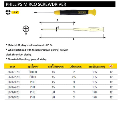 Stanley-micro chave de fenda phllábios ph000, 1 peça, ph0, ph1, para relógio eletrônico, ferramentas de manutenção de telefones, aço s2