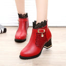 2025 Round Toe Women Fashion Crystal Belt Buckle Boots 6CM Square High Heels Shoes Sexy Leopard Lace Ankle Boots Woman Red Black