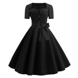 Women Square Collar Elegant Vintage Summer Dress Short Sleeve Midi Dress Robe Femme Casual Office Party Dress