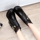 2025 Round Toe Women Fashion Crystal Belt Buckle Boots 6CM Square High Heels Shoes Sexy Leopard Lace Ankle Boots Woman Red Black