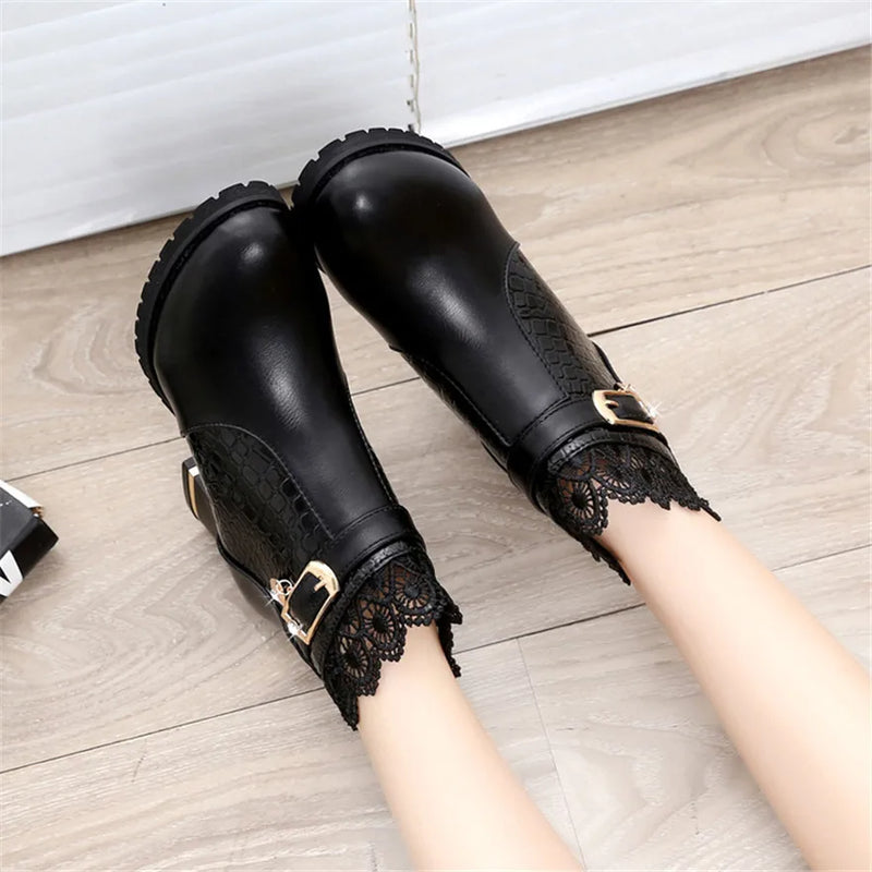 2025 Round Toe Women Fashion Crystal Belt Buckle Boots 6CM Square High Heels Shoes Sexy Leopard Lace Ankle Boots Woman Red Black
