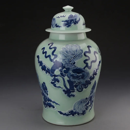 Antique Bean Green Glaze Blue And White Ginger jar Flowers Jingdezhen Crafts lion pattern ceramic temple jar vase