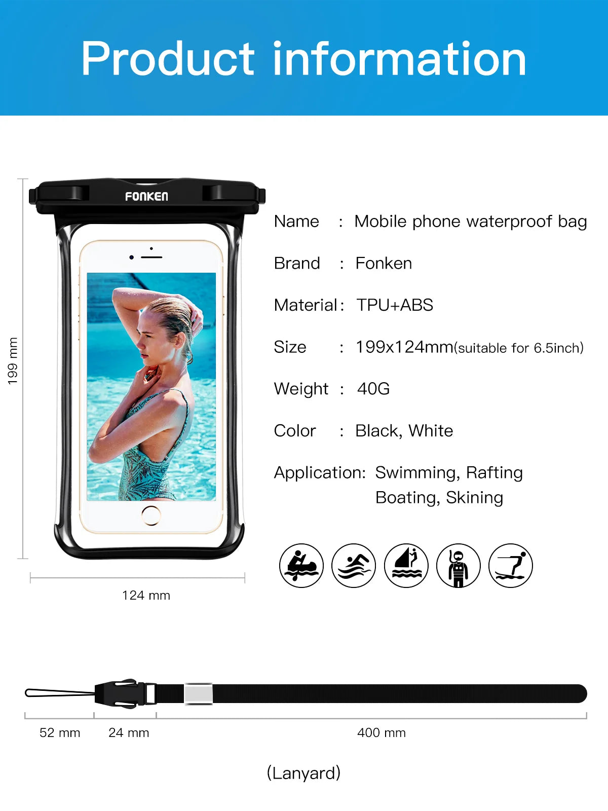 Funda impermeable FONKEN para teléfono, transparente, para la nieve, la selva tropical, bolsa seca, bolsa para natación, fundas grandes para teléfono móvil.